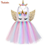 Kids Unicorn Costumes For Girls Unicorn Tutu Dress With Gold Headband Wings Princess Girls Halloween Party Dress  2-10 Years