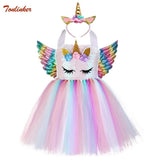 Kids Unicorn Costumes For Girls Unicorn Tutu Dress With Gold Headband Wings Princess Girls Halloween Party Dress  2-10 Years