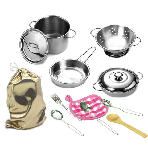 12pcs Simulation Kitchen Stainless Steel Cooking Pots Pans Food Kit Kids Pretend Play Tool Girls Mini Dolls House Accessories