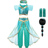 Girls Princess Jasmine Costume Party Princess Dress Fancy Clothing Set Top Pants Headband Child Aladdin the Magic Lamp Costume