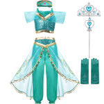 Girls Princess Jasmine Costume Party Princess Dress Fancy Clothing Set Top Pants Headband Child Aladdin the Magic Lamp Costume