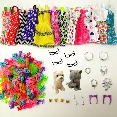 34 Item/Set Doll Accessories = 8pcs Shoes + 4 Necklace 4 Glasses 2 Crowns 2 Doll Pet + 8 pcs Doll Dress Clothes for Barbie Doll