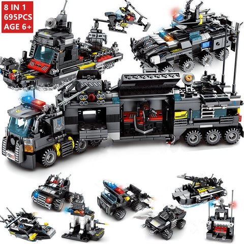 8Pcs/lot 695Pcs City Police SWAT Truck Building Blocks Sets Ship Vehicle LegoINGs Technic DIY Bricks Playmobil Toys for Children