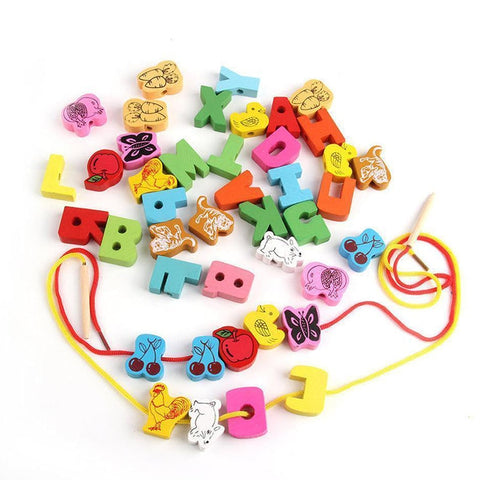 60pcs Wooden  Beads Animals Stringing Game Blocks Toys Heart-Shape Box Educational Mixed Digit Fruit Toy for Children Gifts