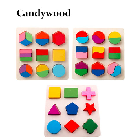 Candywood Colorful Baby Kids Wooden Early Learning Geometry Educational Toys Children Math 3D Shapes Wood Jigsaw Puzzles toy