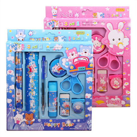 9pcs/sets Kawaii Children Stationery Sets Kids Pencil Auto Pencil Scissors Eraser Sets Student Prize Gift