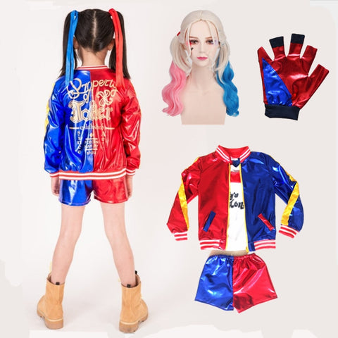 5 pcs Harley Quinn Cosplay Costumes 2019 Kids Girls Purim Coats Femme Jacket Chamarras De Batman Para Mujer Suit with Wig Gloves