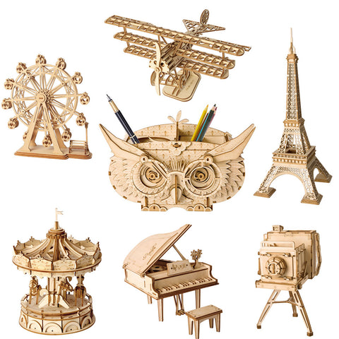 ROKR DIY 3D Wooden Puzzle Toys Assembly Model Toys Plane Merry Go Round Ferris Wheel Pencil Box Toys for Children Drop Shipping