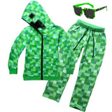 Minecraft Hoodies Cosplay Costumes Boys Suit Sweatshirt Boy Hoodies Kids Jacket Steve Cosplay Green Zipper Outerwear and glasses