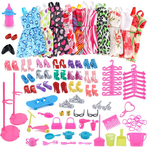 83 Item/Set Doll Accessories=10 Pcs Doll Clothes Dress+18 Pairs Shoes+2 Pcs Crown+2 Handbag+12 Clothes Hanger for Barbies Doll